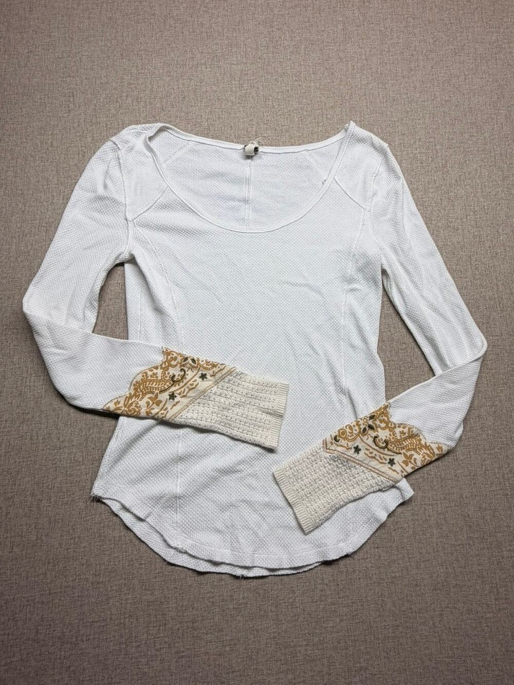 Free People We The Free White Thermal Long Sleeve Top Boho Bandana Cuffs